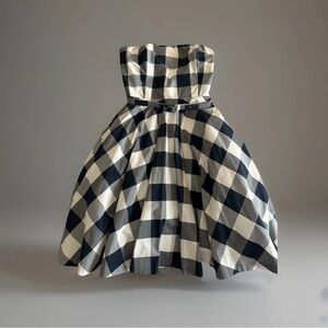 Liz Claiborne Strapless Navy and White Belted Gingham Fit-and-Flare Semi-Formal
